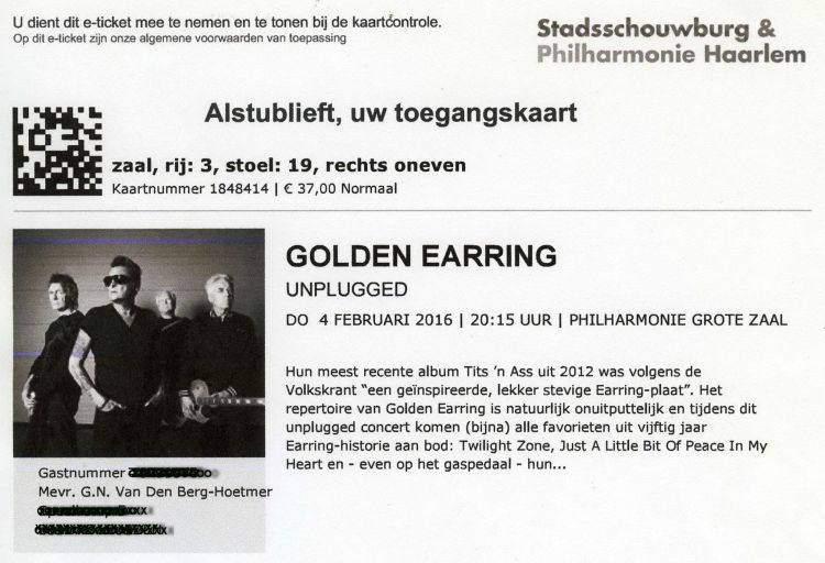 2016-02-04 Golden Earring show e-ticket #3-19February 04, 2016 Haarlem - Philharmonie